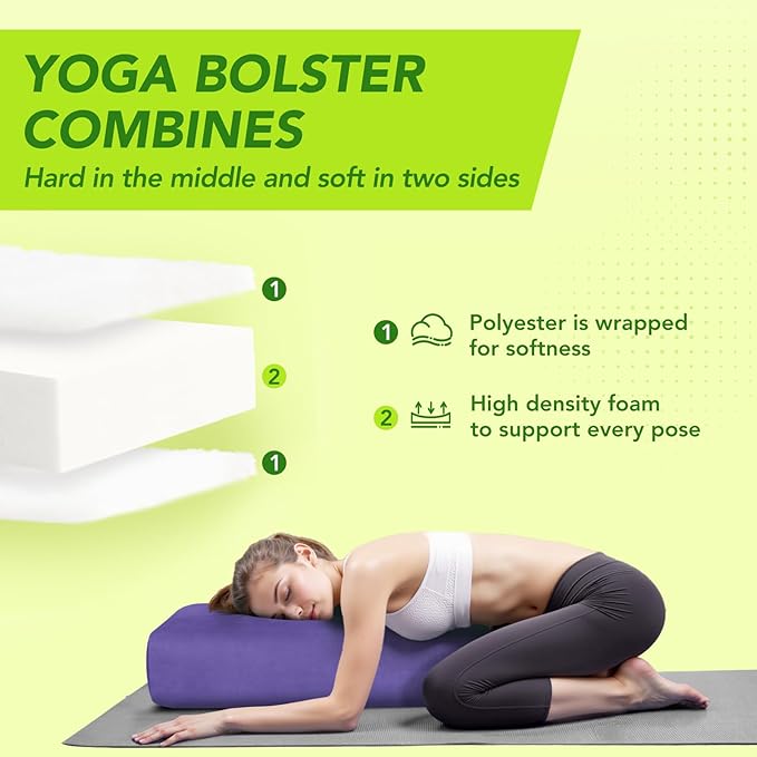 Wellsin Rectangular Yoga Bolster - Meditation Pillow with Washable Suede Cover, 27"X10" X5.5"
