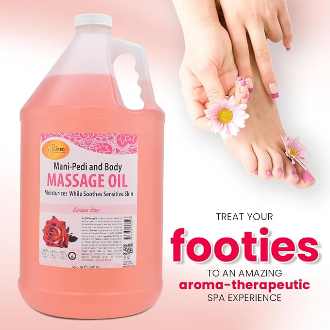 SPA REDI - Sensual Rose Massage Oil, 128 Oz - Professional Pedicure, Manicure & Full Body Therapy, Blend of Almond, Cotton Seed, Sunflower & Avocado Oils, Infused with Essential Oils & Vitamin E