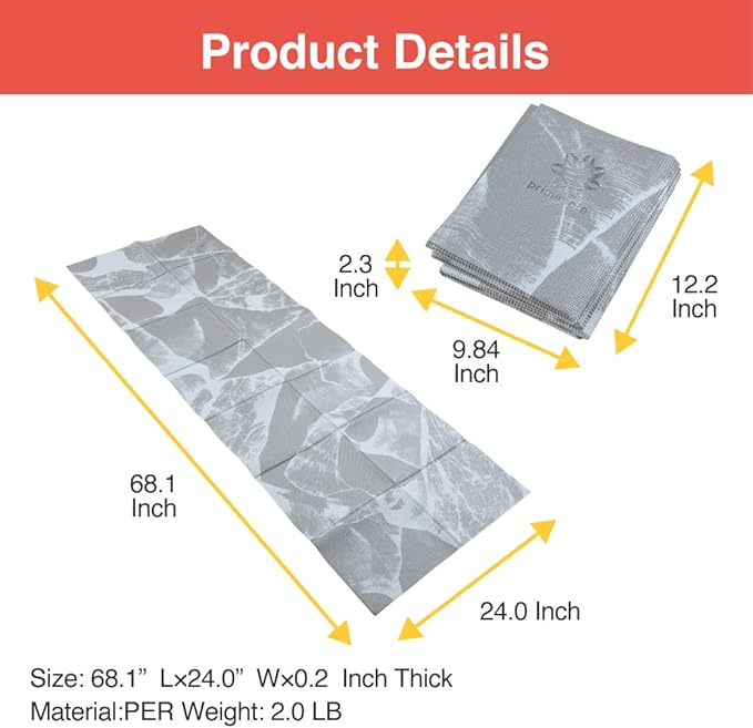 Primasole Folding Yoga Travel Pilates Mat Foldable Easy to Carry to Class Beach Park Tear resistant Travel Picnics 4mm Thick 9 Colors