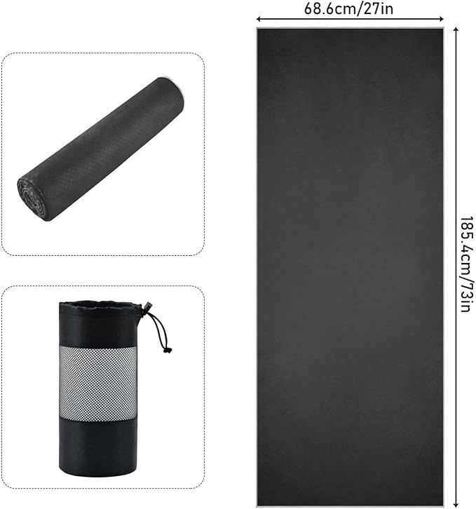 YETTASBIN Black Yoga Mat Towel, Non Slip Sweat Absorbent Hot Yoga Towel Portable Lightweight Travel Workout Towel with Storage Bag for Home Yoga, Pilates, Fitness 73x 27 Inch
