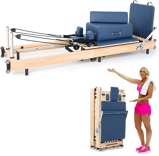 Pilates Reformer Machine,Oak Wood Home Pilates Equipment, Foldable Pilates Reformer with Reformer Box, Jump Board for Home Workouts and Body Exercises, Suits for Studio Gym Yoga