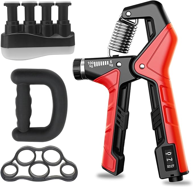 Hand Grip Strengthener - Adjustable Resistance 11-220Lbs Forearm Strength Trainer with Counting, Silicone Grip Ring & Hand Exercise for Quickly Increasing Wrist Forearm and Finger Strength Combo Set