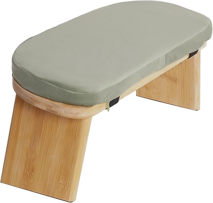 Foldable Meditation Bench with Cushion,Bamboo Meditation Stool,Portable Kneeling Stool,Prayer Bench,Green,Wood Color