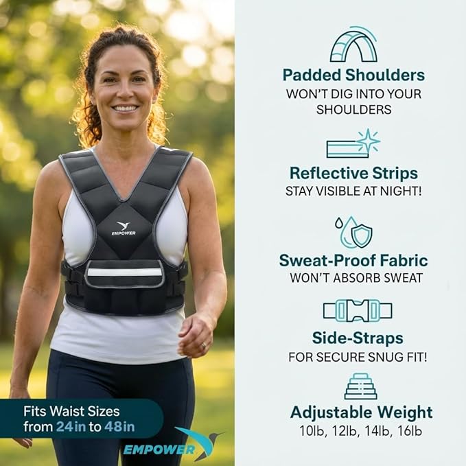 EMPOWER Weighted Vest for Women with Reflective Strips – Fixed 8lbs, Adjustable 4-10lbs (4 in1) or Adjustable10-16lbs (4 in 1), Strengthen Muscles, Boost Bone Health, and Burn More Calories for Workout - Rucking Vest