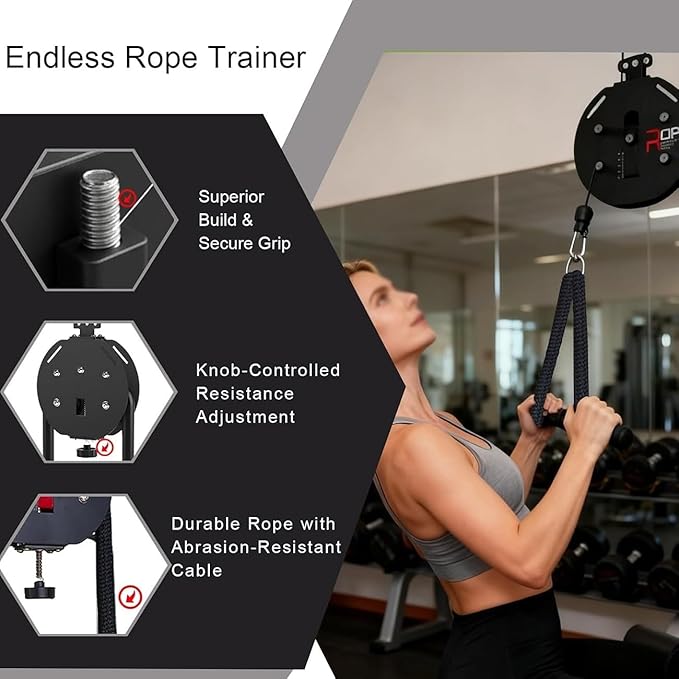 Endless Rope Trainer, Suspension Endless Rope Pulley System, Adjustable Resistance Trainer Machine, Home Gym Infinity Rope for Interval Resistance Training, Closed-Loop Nylon Rope(Black)