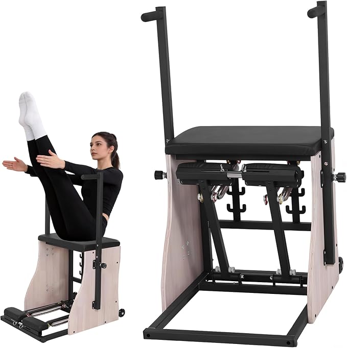Generic Oak Wood Pilates Chair Reformer Machine with Adjustable Resistance Handles Split Pedals Professional Yoga Chair Pilates Machine for Equipment for Home Use Gym Workout
