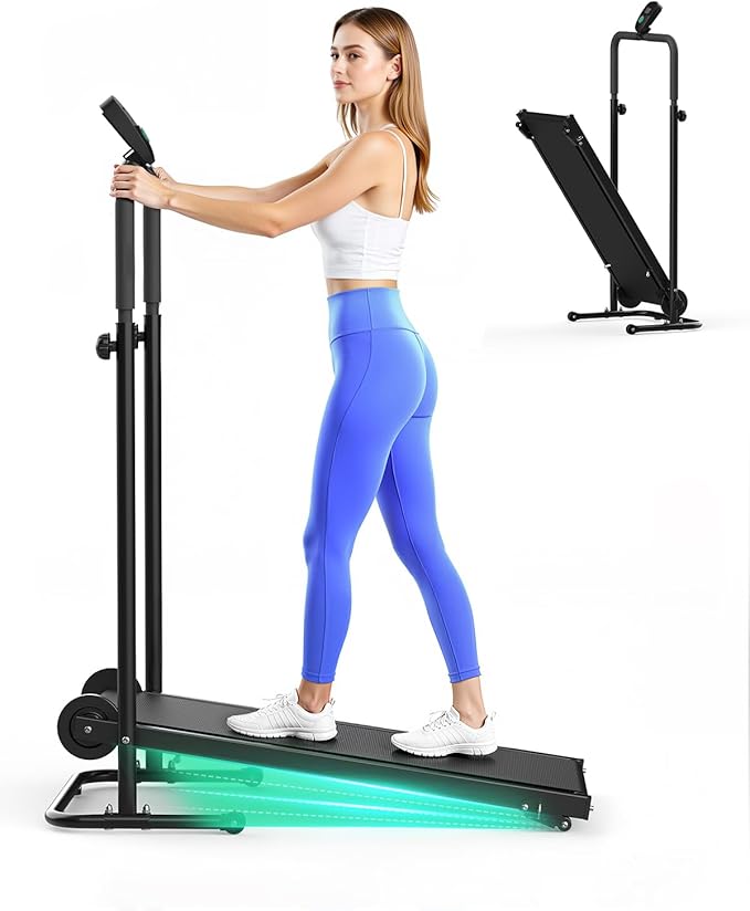 FUNRAY Manual Treadmill Non-Electric - Dual Flywheel & Fixed Incline, Compact Foldable Design for Small Home/Gym, LCD Monitor, Non-Slip Belt & Soft Foam Grips for Walking Jogging