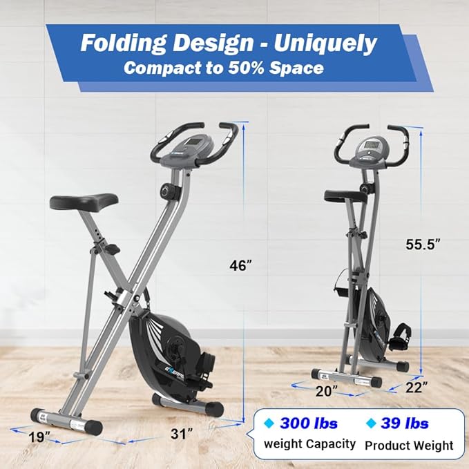 Exerpeutic Foldable Exercise Bike, 8 levels of Resistance Stationary Bicycle with Airsoft Seat, LCD Display to Track Distance, Calories, Time and Speed