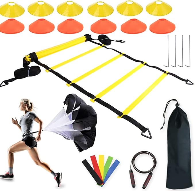 Agility Ladder – Speed Ladder Soccer Football Athletic Fitness Kit | Jump Rope Parachute Discs Belt Basketball Exercise Workout Coordination Endurance Training Tools