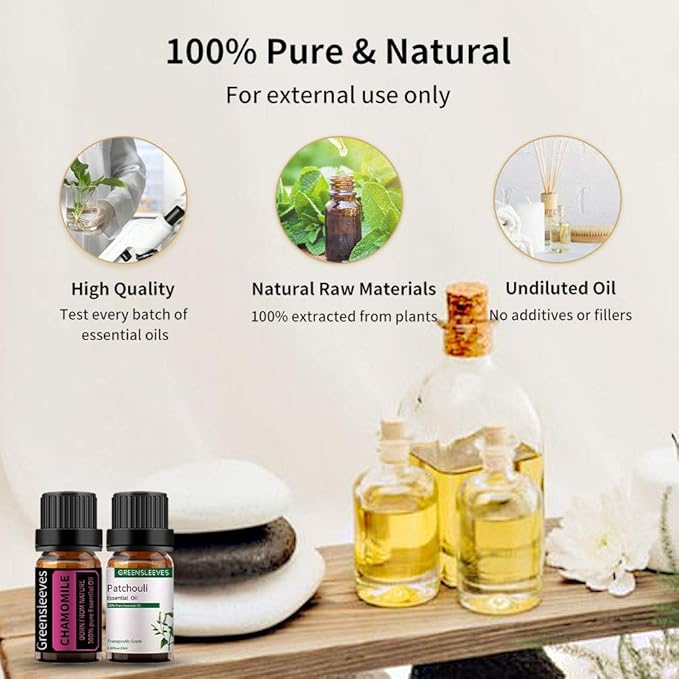 GREENSLEEVES Patchouli Chamomile Essential Oil Set, 2 x 10ml Pure Plant-Based Fragrance Oil for Aromatherapy, Essential Oils for Diffuser, Massage, Bath Bomb, Scented Candle Soap Making