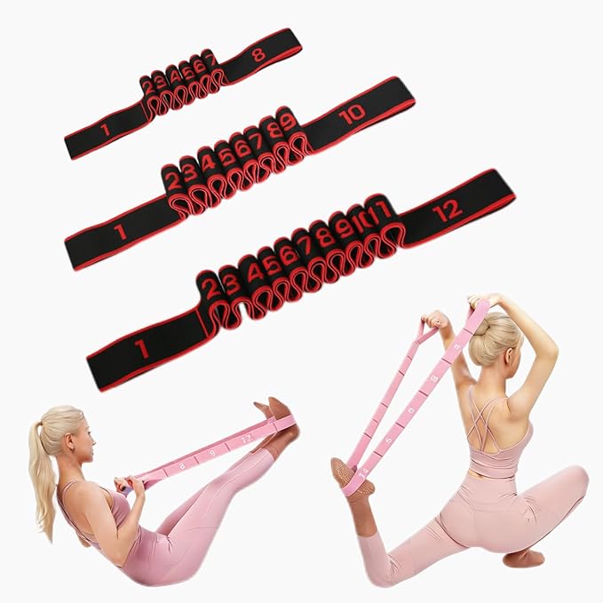 Yoga Strap with 8/10/12 Loops, Pilates Flexbands with Non-Chafe Fabric, Fashion Puller Exercise Bands for Stretching, Yoga, Dance & Full Body Shaping-3pcs