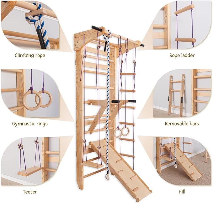 Swedish Ladder Wall Bars with Pull-Up Bar & Dip Station – Wooden Stall Bars, Multifunctional Home Gym Wall Ladder for Strength Training & Stretching