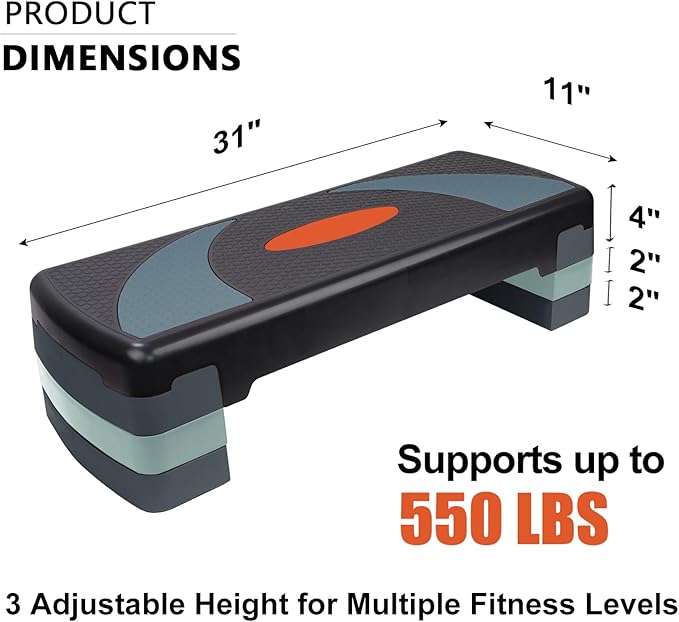 Aerobic Step Platform Exercise Step with 3 levels Adjustable Height Non-Slip Exercise Stepper for Cardio, Strength, and Fitness Workouts at Home or Gym