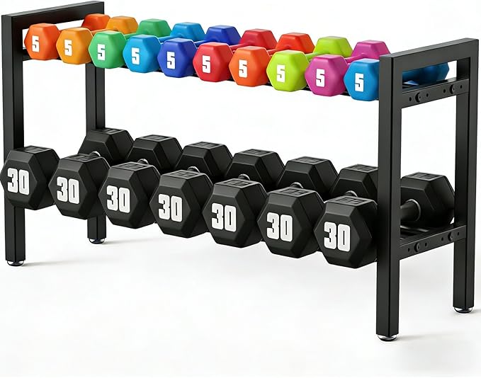 32 IN Dumbbell Rack 2 Tier Adjustable Kettlebell Storage Shelf Heavy-Duty 500LB Space-Saving Weights Stand for Home Gym(Rack Only)