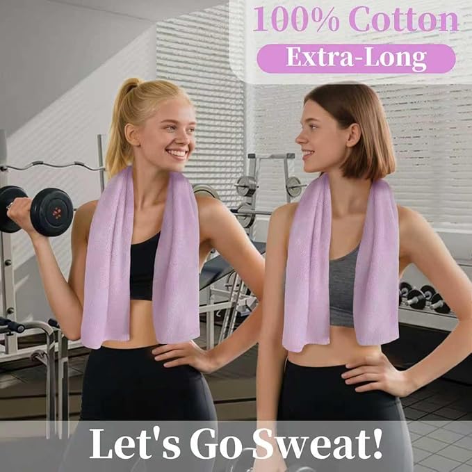Sports Towel for Yoga & Running, 2-Pack Gym Towels (47"x16") - 100% Cotton, Super Absorbent & Fast Drying Sweat Towel for Workout, Tennis, Fitness & Shower, Ideal for Women & Men, Purple