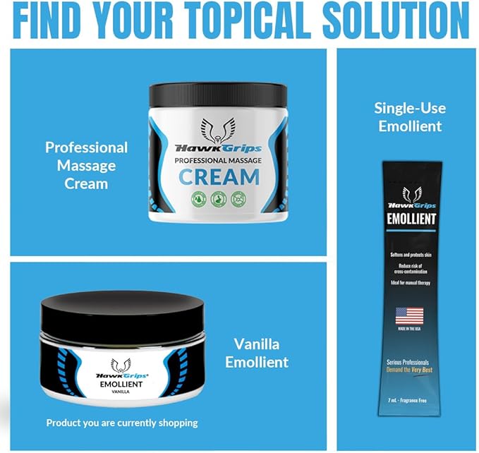 HawkGrips, 8oz Massage Emollient 5ct, Vanilla Scent, Shea Butter, Oil Based, Vegan, Soft Tissue Mobilization and Lubrication for Manual and Assisted Massage Therapy Techniques, Cream Alternative