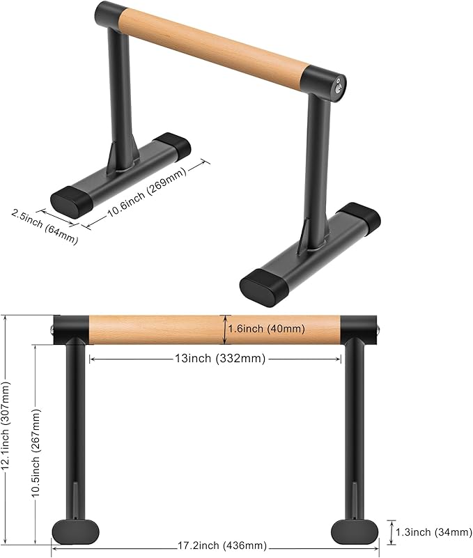 Kipika Parallettes Bars, Push Up Bars & Dip Bar with Comfort Thick Handles, Rock-Free Fitness Equipment for Handstand, L-Sit, Gymnastics & Strength Training, 600lbs Capacity (Wood)