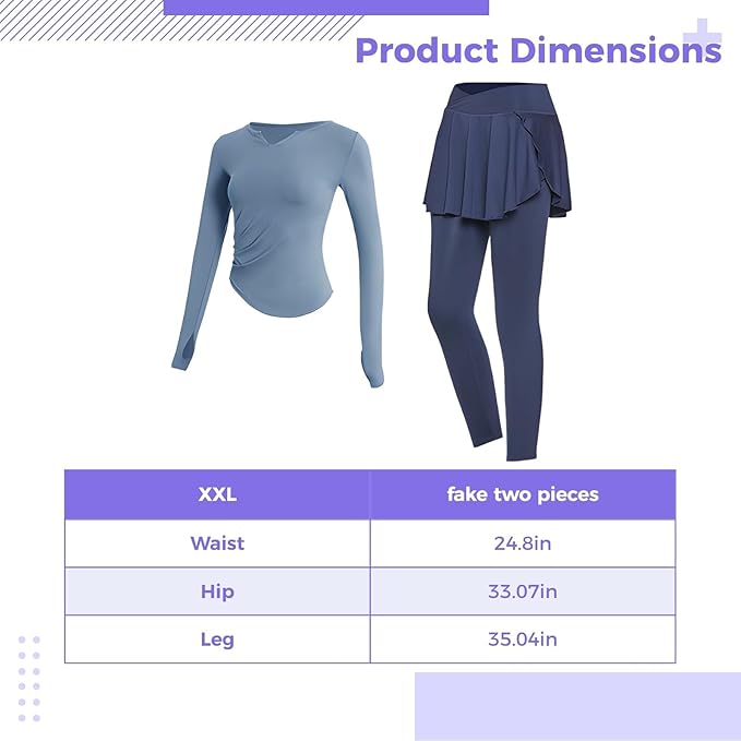 Ideal Pilates Outfits, Black Piece Two Set For Women, Sets Piece 2 Xxl, Top Sleeve Long Includes And Skirt With Leggings, Breathable, Sweat-Wicking, Best For 135-150