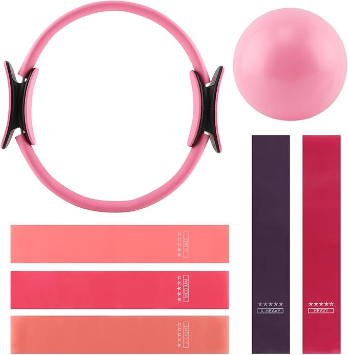 Pilates Ring and Ball Set with Resistance Bands, 14'' Circle Ring, 9.8” Pilates Ball and 5 Resistance Bands Home Workout Kit for Women Training Core, Full Body Exercise