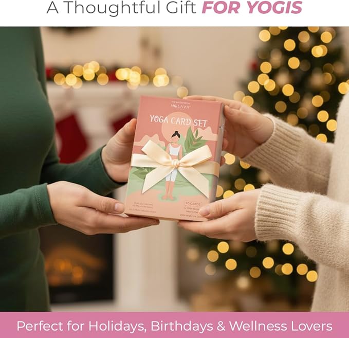 NOLAVA Yoga Card Gift Set – Large 4"x6" Yoga Cards with 30 Poses, 10 Intentions, Sun/Moon Flows & Guided Meditation – Sweat-Proof, Wipe-Clean Deck with English + Sanskrit – Perfect Yoga Gift for Women