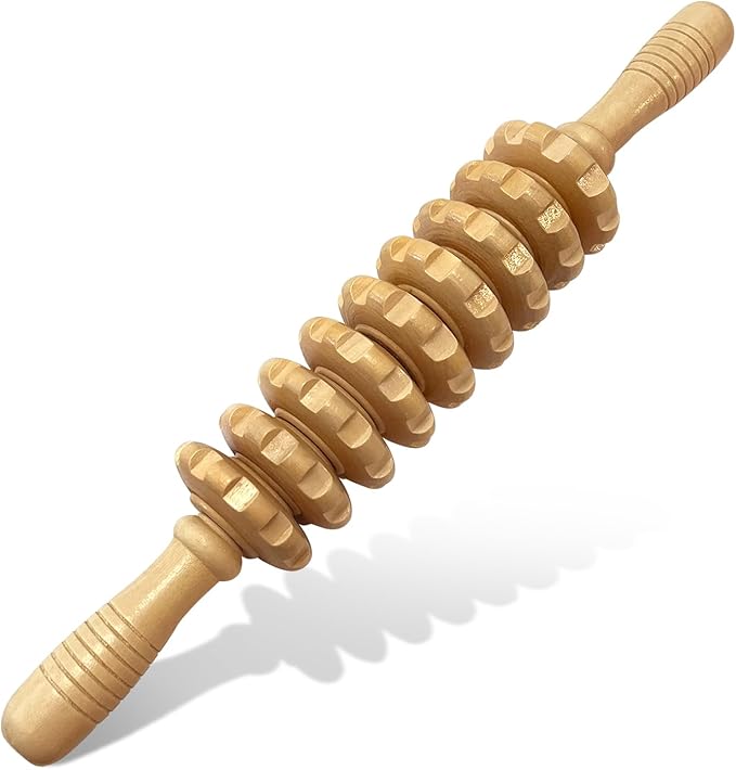 Manual Massager Wooden Handheld Roller Trigger Point Massager Stick for Fascia, Cellulite, Muscle & Abdomen, Body Therapy Massager, Muscle Belly Relief Tool, Natural Wood