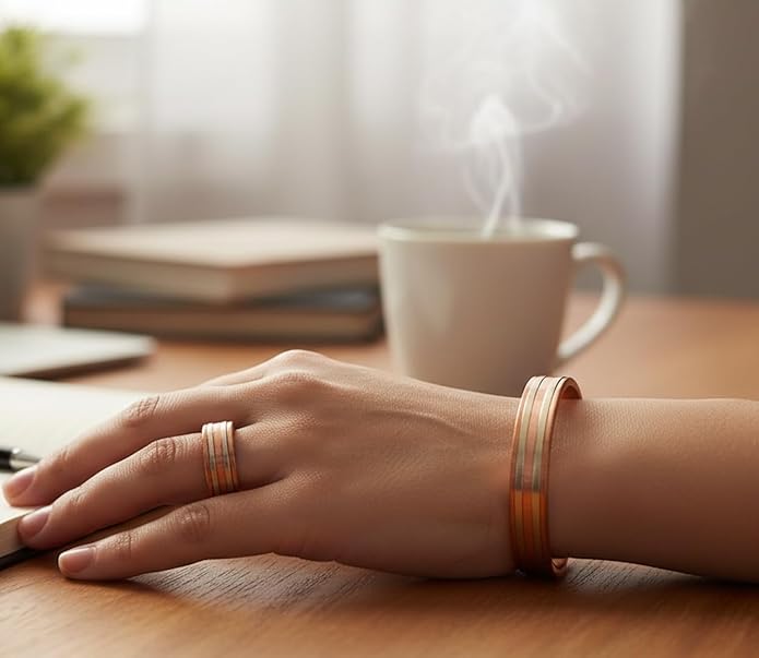Handcrafted Copper Magnetic Hand Forged with Solid and High Gauge Tibetan Style Minimalistic Elegance Copper Bracelet and Matching Ring.