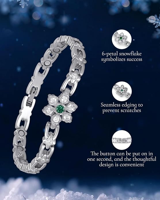 RainSo Women's Magnetic Snowflake Bracelet - Stainless Steel Bracelet - Deep Green Gemstone and Crystal Inlay Design - Adjustable Size Comes with Gift Box -Christmas Holiday Gifts for Her