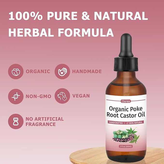 Poke Root Castor Oil Organic - 2 Fl Oz - Lymphatic Support Massage Liquid, Supports Boils, Fibroids, Cysts, Swollen Lymph Nodes, Breast & Joint Health, Natural Deep Tissue Relief Drops