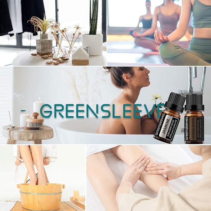 GREENSLEEVES Sandalwood Jasmine Essential Oil Set, 2 x 10ml Pure Plant-Based Fragrance Oil for Aromatherapy, Essential Oils for Diffuser, Massage, Bath Bomb, Scented Candle Soap Making