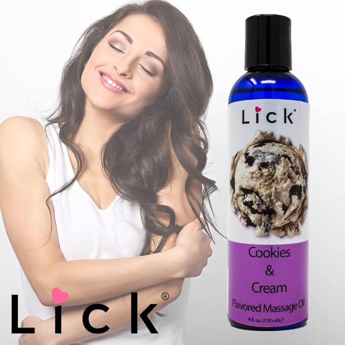 Lick Cookies and Cream Flavored Massage Oil – Creamy Dessert Edible Massage Oil with Sweet Almond Oil & Vitamin E, Smooth Glide for Couples Massage, 4 oz