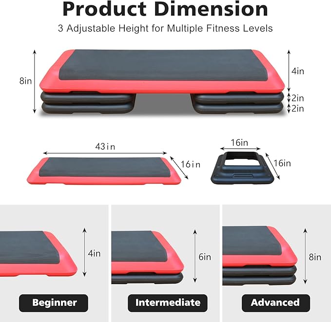 43''Inch Adjustable Aerobic Exercise Step Platform with 4 Stackable Risers - Home Gym Fitness Stepper for Cardio, Strength Training