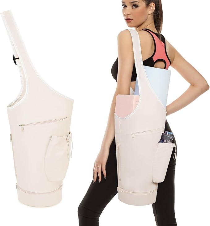 sportsnew Yoga Mat Bag, Large Opening Long Tote Yoga Mat Carrier Holder Bag with Waterproof Wet Pocket and Drawstring Water Bottle Pocket, Adjustable Shoulder Strap Storage Bag, patent pending