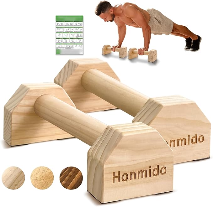 Wooden Parallettes 2 PCS Push Up Stand For Floor Calisthenics Bars Home, Handles Handstand Blocks Beech & Pine Wood Pushup Non-Slip Base Parallel Exercise Equipment For MenTrainers