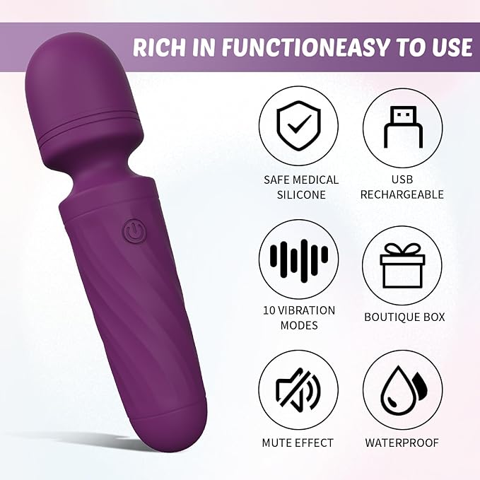 Handheld Personal Mini Massager Tool– Waterproof, USB Rechargeable, 10 Vibration - Perfect on Back Legs Hand Pains and Sports Recovery(Purple)
