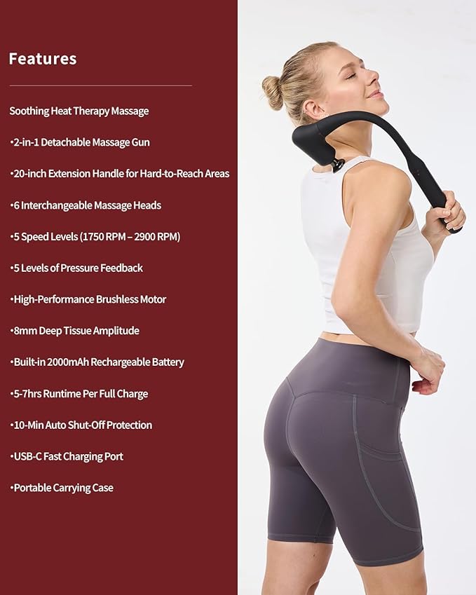 Upgraded 2-in-1 Massage Gun with Heat, Pain Relief Deep Tissue Back and Neck Massager with Extension Handle, Handheld Muscle Massage Gun for Back, Shoulder, Arm,Thigh, FSA-HSA Eligible