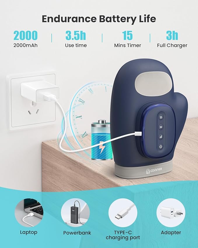 COMFIER Cordless Hand Massagerwith Heat and Compression, Updated Bigger Electric Hand Massage for Arthritis and Carpal Tunnel,Wrist Massage Used at Home,Office, for Women,Men,Blue