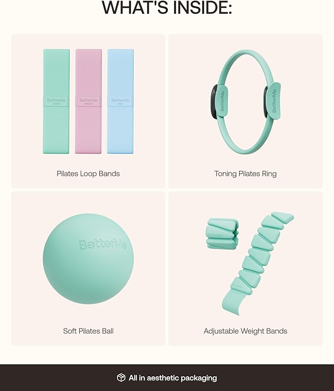 BetterMe Bubble Butt Kit – Pilates Ring, Weight Bands, Soft Ball & Loop Bands – Glute Training Pilates Kit for Women – Home Workout Pilates Equipment Set