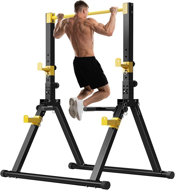 DlandHome Foldable Power Tower Pull Up Bar Dip Station, Adjustable Height Multifunction Workout Pull Up Tower Station for Home Gym, Strength Training Equipment, Triangular Legs, Up to 330lbs