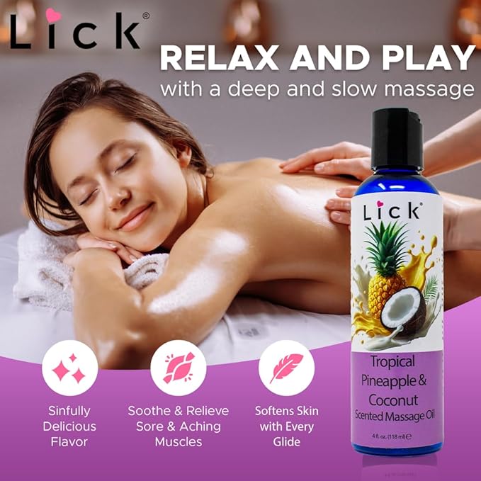 Lick Tropical Coconut and Pineapple Massage Oil – Island-Inspired Edible Massage Oil with Almond Oil & Vitamin E, Smooth Glide for Couples Massage Escapes, 4 oz
