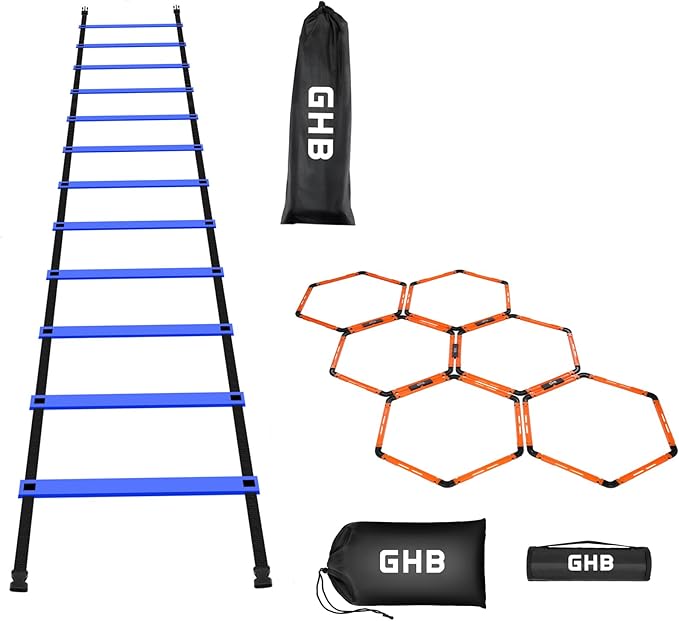 GHB Agility Ladder 1 Pack and Hex Agility Rings 1 Pack 12 Rung 20ft with 3 Carrying Bag