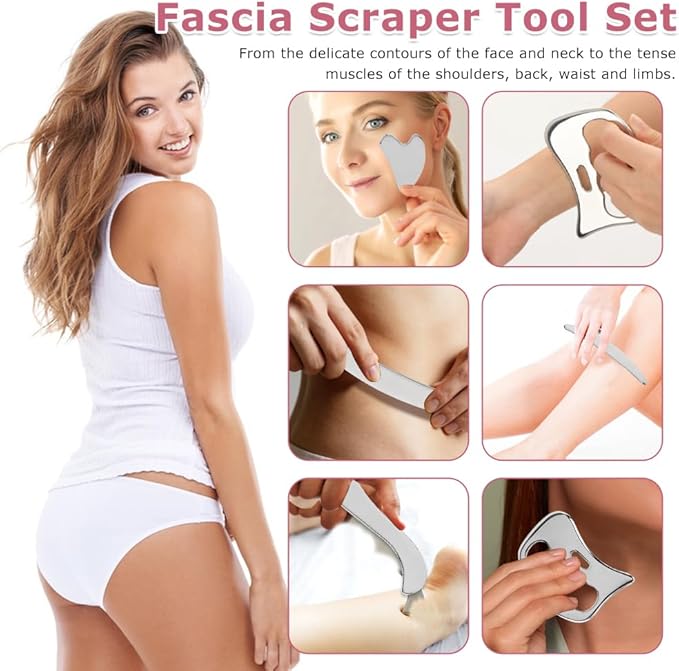 5-in-1 Stainless Steel Muscle Scraper Tool Set GuaSha Muscle Scraping Tools Set, Physical Massage Tools with Storage Case, Body Gua Sha Kit for Body Skin Massage