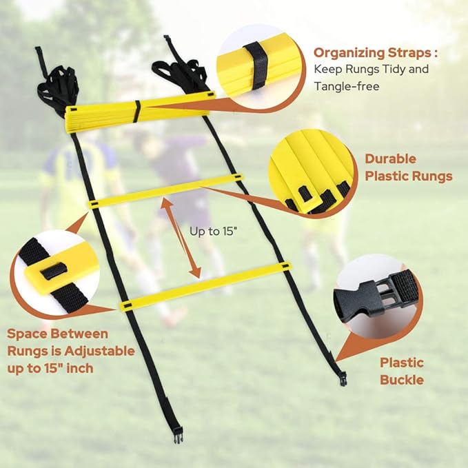 GHB Pro Agility Ladder 2 Pack Agility Training Ladder Speed 12 Rung 20ft with Carrying Bag (Yellow and Blue)