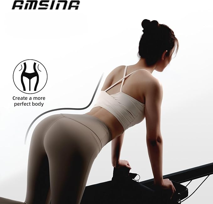 Pilates Reformer for Home Use,AMSINA Foldable Pilates Machine with Headrest & Jumpboard , Pilates Home Equipment with Foot Straps
