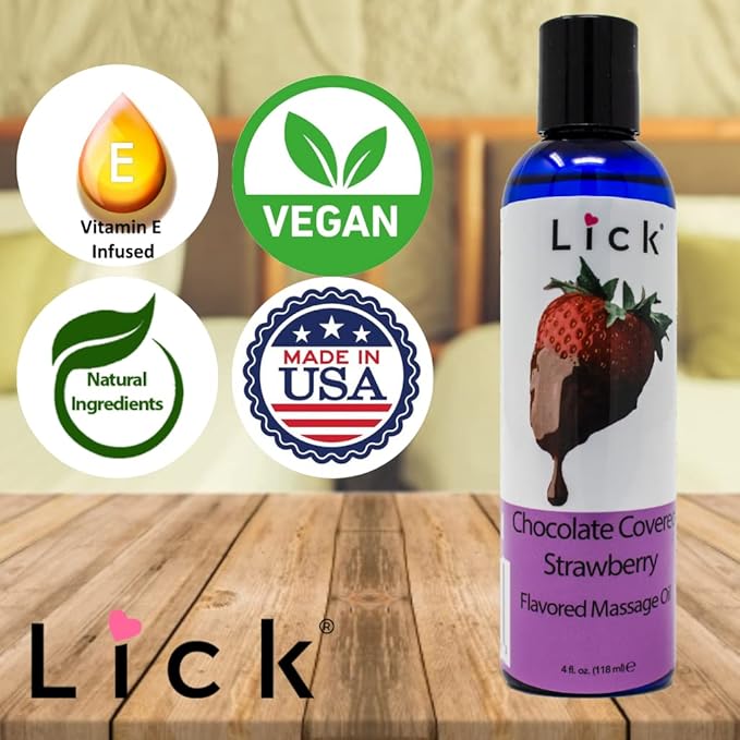 Lick Chocolate Covered Strawberries Massage Oil – Gourmet Dessert Edible Massage Oil with Almond Oil & Vitamin E, Luxurious Glide for Romantic Couples Massage, 4 oz