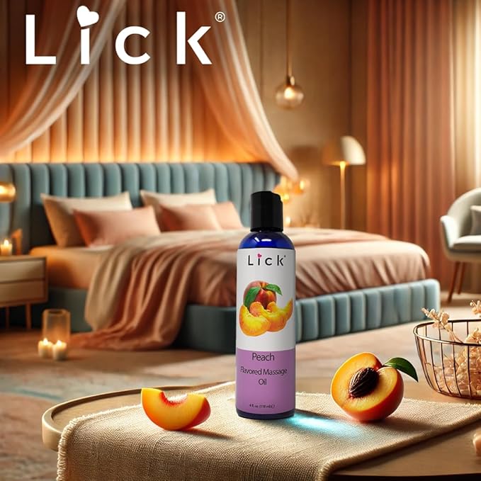 Lick Peach Flavored Massage Oil – Sweet Juicy Edible Massage Oil with Sweet Almond Oil & Vitamin E, Lightweight Glide for Couples Massage & Relaxation, 4 oz
