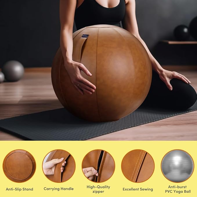 LifeSpan Fitness Yoga Exercise Ball Chair - Fitness Ball for Workout, Birthing Ball for Pregnancy, Exercise Ball Chair for Office, Balance Ball Chair (Caramel Leather, 30 Inch)