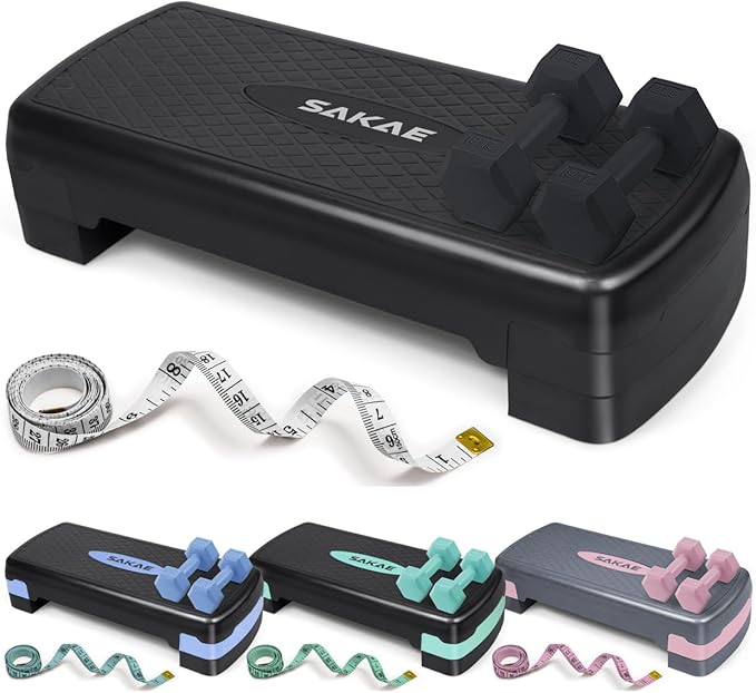 SAKAE Step Aerobics Platform Set with Dumbbells & Measuring Tape, Aerobic Steppers for Exercise at Home, Adjustable Height 2 Level Risers Workout Step Trainer with Non-Slip Surface, Multiple Colors