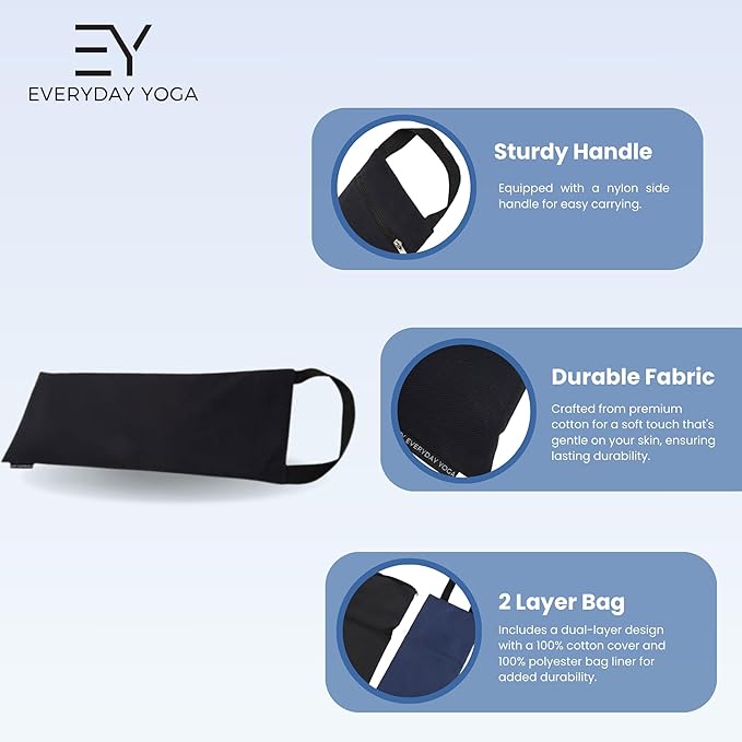 Everyday Yoga Sand Bag Cotton Unfilled, Adds Weight to Poses, Zipper Cover, Sturdy Handle, Silica Sand Filling, Durable Material - Black