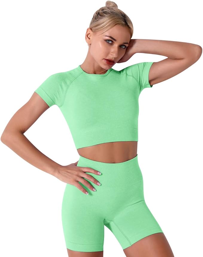 IMEKIS Women's Yoga Outfit Seamless Workout Set High Waist Exercise Shorts Pants with Sport Crop Top Bra 2PCS Gym Tracksuits