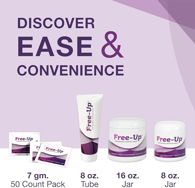 Free-Up-Professional Massage Cream, Fragrance-Free, Great Glide, Lubricity, Tissue Perception, Perfect for Physical Therapy, Massage Versatile, Non-Greasy, Dispenser Box, 50/7gm Packets